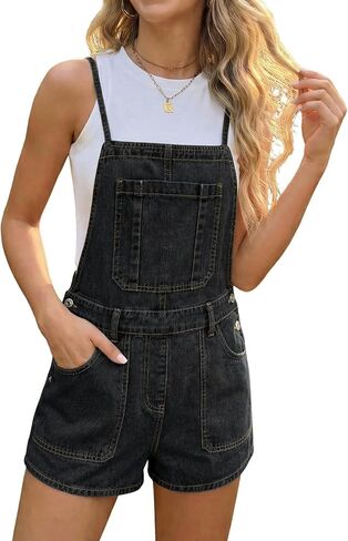 Denim Overall Shorts for Women Jean Romper Shortalls Casual Adjustable Straps Bib Denim Short Overalls with Pockets in Saudi Arabia