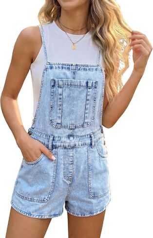 Denim Overall Shorts for Women Jean Romper Shortalls Casual Adjustable Straps Bib Denim Short Overalls with Pockets in Saudi Arabia