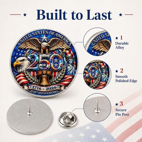 2/10/20PCS USA 250th Anniversary Enamel Pin 1776-2026 Patriotic Retro Lapel Brooch Pin,250 Years of America Commemorative Metal Badge, Independence Day Souvenir Gift for Veterans Collectors Men Women in Kuwait