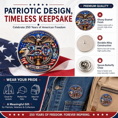 2/10/20PCS USA 250th Anniversary Enamel Pin 1776-2026 Patriotic Retro Lapel Brooch Pin,250 Years of America Commemorative Metal Badge, Independence Day Souvenir Gift for Veterans Collectors Men Women in Kuwait