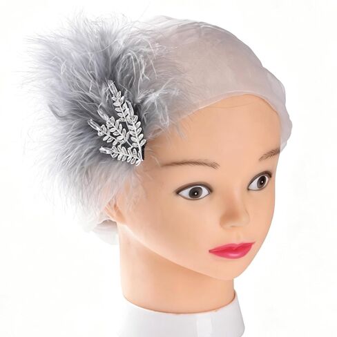 1920s Vintage Feather Headpiece，Gatsby Flapper Party Hair Accessory, Stylish Costume Piece for Tea Parties, Cocktail Parties, Dance Performances, Weddings, and Various Occasions (Gray) in Kuwait
