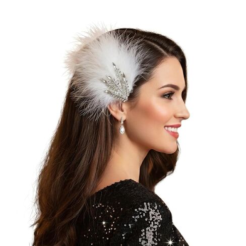 1920s Vintage Feather Headpiece，Gatsby Flapper Party Hair Accessory, Stylish Costume Piece for Tea Parties, Cocktail Parties, Dance Performances, Weddings, and Various Occasions (Gray) in Kuwait