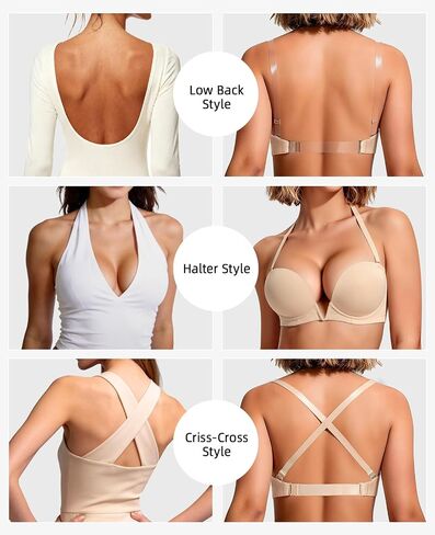 YANDW Low Back Bra with Clear Straps and Back Deep V Plunge Push Up Low Cut Bras Underwire Add Two Cup in Saudi Arabia