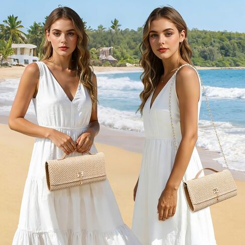 Larcenciel Straw Clutch Purses for Women, Summer Woven Beach Purse & Chain, Boho Evening Handbags for Wedding Prom Vacation in Kuwait