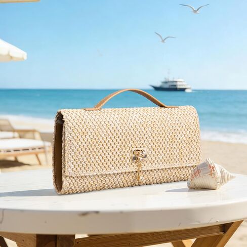 Larcenciel Straw Clutch Purses for Women, Summer Woven Beach Purse & Chain, Boho Evening Handbags for Wedding Prom Vacation in Kuwait