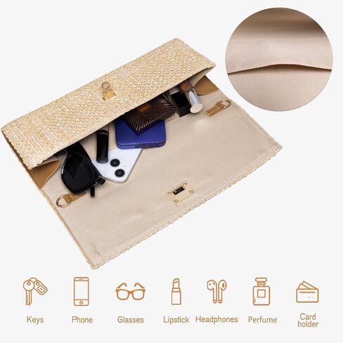 Larcenciel Straw Clutch Purses for Women, Summer Woven Beach Purse & Chain, Boho Evening Handbags for Wedding Prom Vacation in Kuwait