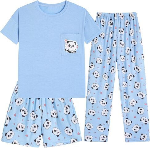 Hupohoi Kids Pajama Sets 3pcs Cartoon Sleepwear Chest Pocket Short Sleeve Top with Shorts Pants Nighty Pjs 6 to 18 Years in Saudi Arabia