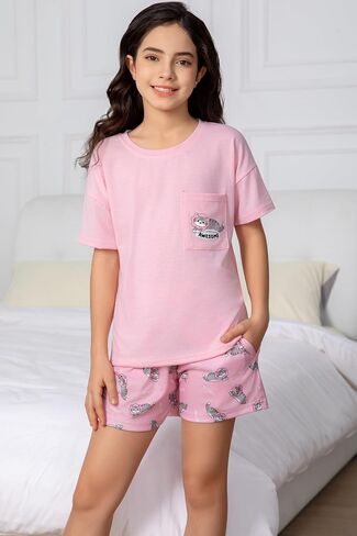 Hupohoi Kids Pajama Sets 3pcs Cartoon Sleepwear Chest Pocket Short Sleeve Top with Shorts Pants Nighty Pjs 6 to 18 Years in Kuwait
