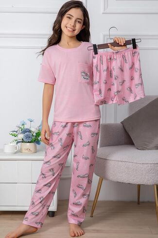 Hupohoi Kids Pajama Sets 3pcs Cartoon Sleepwear Chest Pocket Short Sleeve Top with Shorts Pants Nighty Pjs 6 to 18 Years in Kuwait