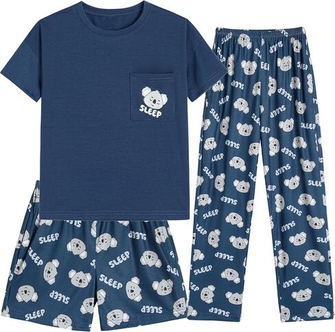 Hupohoi Kids Pajama Sets 3pcs Cartoon Sleepwear Chest Pocket Short Sleeve Top with Shorts Pants Nighty Pjs 6 to 18 Years in Kuwait