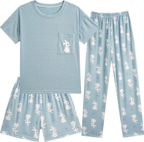 Hupohoi Kids Pajama Sets 3pcs Cartoon Sleepwear Chest Pocket Short Sleeve Top with Shorts Pants Nighty Pjs 6 to 18 Years in Kuwait