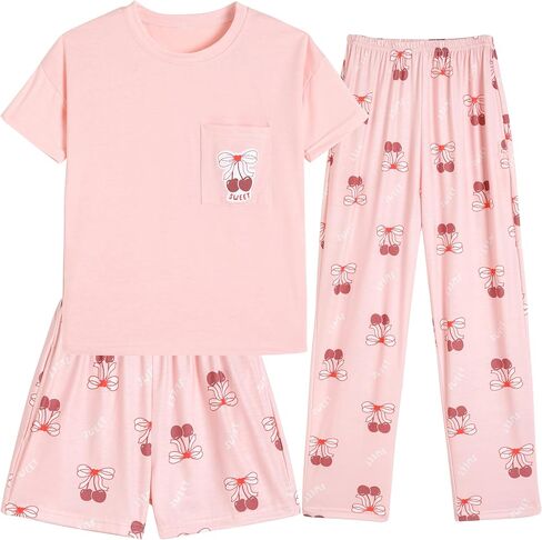 Hupohoi Kids Pajama Sets 3pcs Cartoon Sleepwear Chest Pocket Short Sleeve Top with Shorts Pants Nighty Pjs 6 to 18 Years in Kuwait