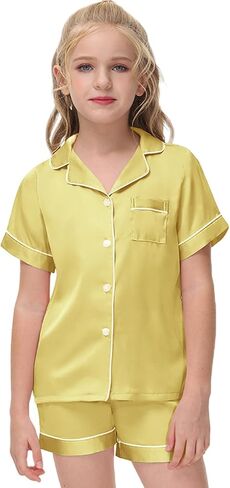 Veseacky Girl's Satin Pajamas Set Short Sleeve Button Sleep Shirt with Silky Shorts Set PJ for Teens (Yello,size 12) in Saudi Arabia