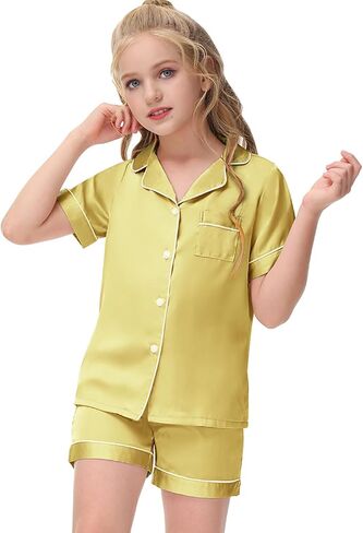 Veseacky Girl's Satin Pajamas Set Short Sleeve Button Sleep Shirt with Silky Shorts Set PJ for Teens (Yello,size 12) in Saudi Arabia