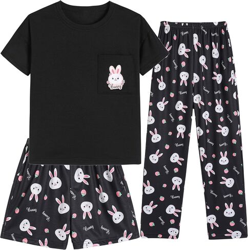 Hupohoi Kids Pajama Sets 3pcs Cartoon Sleepwear Chest Pocket Short Sleeve Top with Shorts Pants Nighty Pjs 6 to 18 Years in Kuwait