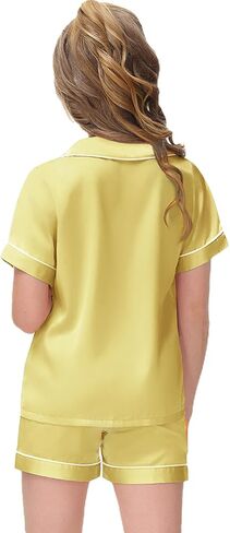 Veseacky Girl's Satin Pajamas Set Short Sleeve Button Sleep Shirt with Silky Shorts Set PJ for Teens (Yello,size 12) in Saudi Arabia