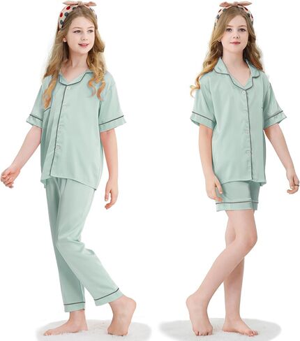 Girls Silk Pajamas Set,Girl Satin Pajamas 3 Piece Button-up Nightwear Loungewear，Girls PJS Clothes for 4T-15Years in Saudi Arabia