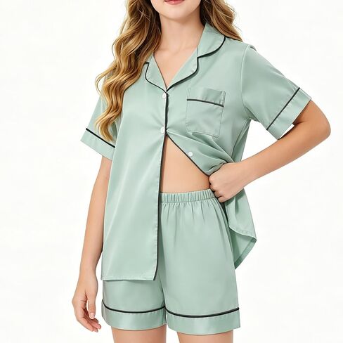 Girls Silk Pajamas Set,Girl Satin Pajamas 3 Piece Button-up Nightwear Loungewear，Girls PJS Clothes for 4T-15Years in Saudi Arabia