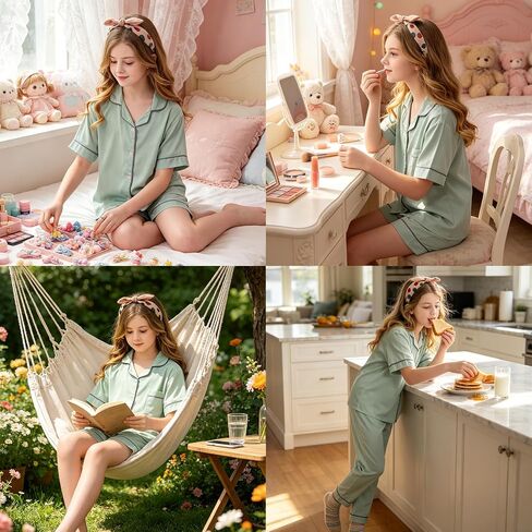 Girls Silk Pajamas Set,Girl Satin Pajamas 3 Piece Button-up Nightwear Loungewear，Girls PJS Clothes for 4T-15Years in Saudi Arabia