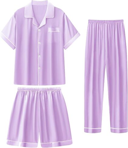 Girls Silk Pajamas Set,Girl Satin Pajamas 3 Piece Button-up Nightwear Loungewear，Girls PJS Clothes for 4T-15Years in Saudi Arabia
