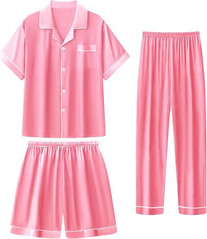 Girls Silk Pajamas Set,Girl Satin Pajamas 3 Piece Button-up Nightwear Loungewear，Girls PJS Clothes for 4T-15Years in Saudi Arabia