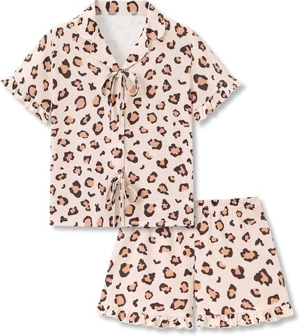Beezizac Girls Ruffle Button Down Pajama - Bow/Fruit/Heart Coat Style Fixed Bow Tee&Shorts Soft 2pc Pjs Kid Sizes 6-18 in Saudi Arabia