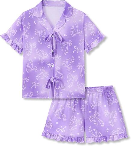 Beezizac Girls Ruffle Button Down Pajama - Bow/Fruit/Heart Coat Style Fixed Bow Tee&Shorts Soft 2pc Pjs Kid Sizes 6-18 in Saudi Arabia