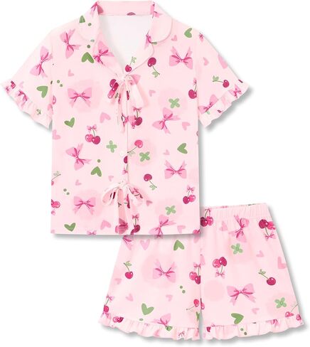 Beezizac Girls Ruffle Button Down Pajama - Bow/Fruit/Heart Coat Style Fixed Bow Tee&Shorts Soft 2pc Pjs Kid Sizes 6-18 in Saudi Arabia