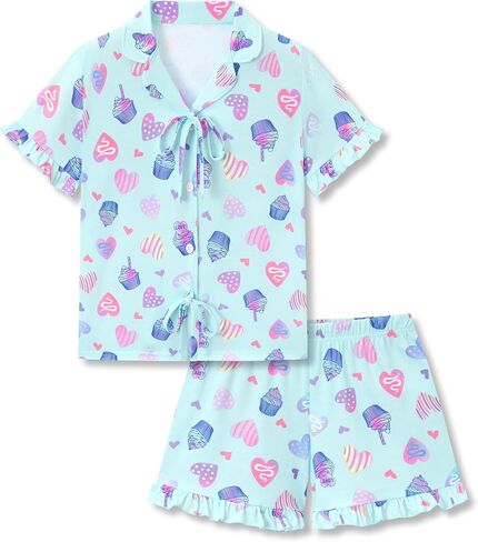 Beezizac Girls Ruffle Button Down Pajama - Bow/Fruit/Heart Coat Style Fixed Bow Tee&Shorts Soft 2pc Pjs Kid Sizes 6-18 in Saudi Arabia
