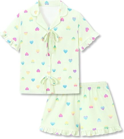 Beezizac Girls Ruffle Button Down Pajama - Bow/Fruit/Heart Coat Style Fixed Bow Tee&Shorts Soft 2pc Pjs Kid Sizes 6-18 in Saudi Arabia
