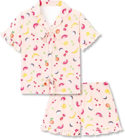 Beezizac Girls Ruffle Button Down Pajama - Bow/Fruit/Heart Coat Style Fixed Bow Tee&Shorts Soft 2pc Pjs Kid Sizes 6-18 in Saudi Arabia
