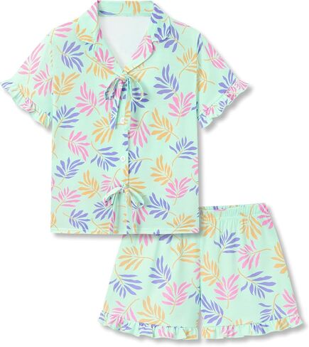 Beezizac Girls Ruffle Button Down Pajama - Bow/Fruit/Heart Coat Style Fixed Bow Tee&Shorts Soft 2pc Pjs Kid Sizes 6-18 in Saudi Arabia