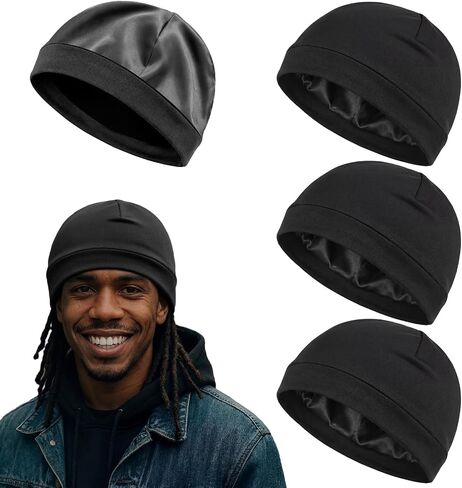 Unittype 4 Pcs Satin-Lined Skull Cap Satin Interior Lined Beanie Cap Wearable Night Sleep Hat for Men Women Hair Protection in Kuwait