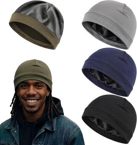 Unittype 4 Pcs Satin-Lined Skull Cap Satin Interior Lined Beanie Cap Wearable Night Sleep Hat for Men Women Hair Protection in Kuwait