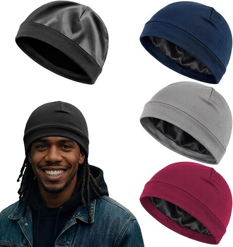 Unittype 4 Pcs Satin-Lined Skull Cap Satin Interior Lined Beanie Cap Wearable Night Sleep Hat for Men Women Hair Protection in Kuwait