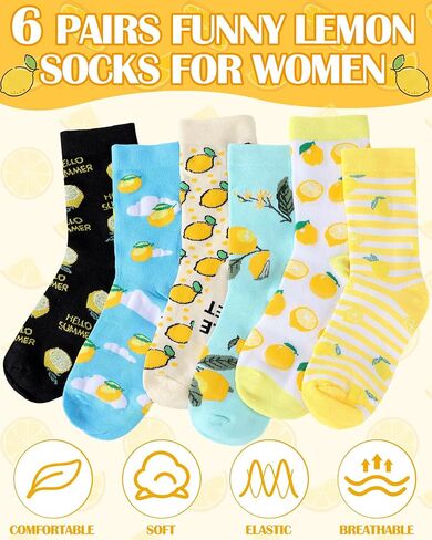 Skicuff 6 Pairs Funny Lemon Socks for Women Girls Lemon Themed Gifts Novelty Fruit Casual Crew Socks with Humor Sayings for Summer Fruit Party Favors Mother's Day Birthday Gifts in Kuwait