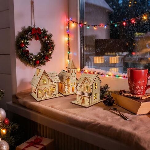 SHINEOFI 3pcs Wood Christmas Village, Glowing Christmas Wooden House for Crafts, Led Light Village Houses for Xmas Scene Decorations DIY Project in Kuwait