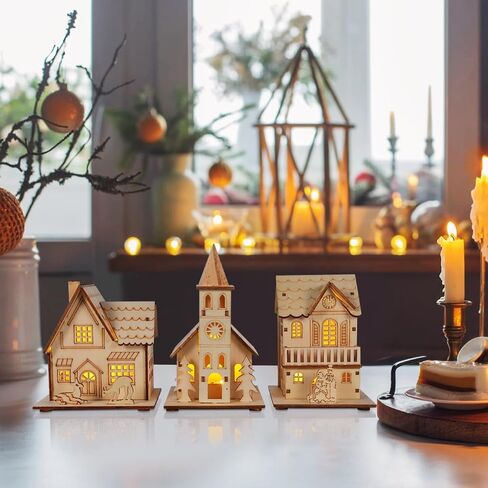 SHINEOFI 3pcs Wood Christmas Village, Glowing Christmas Wooden House for Crafts, Led Light Village Houses for Xmas Scene Decorations DIY Project in Kuwait