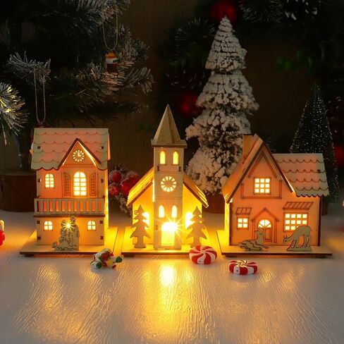 SHINEOFI 3pcs Wood Christmas Village, Glowing Christmas Wooden House for Crafts, Led Light Village Houses for Xmas Scene Decorations DIY Project in Kuwait