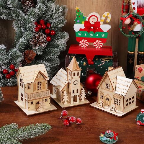SHINEOFI 3pcs Wood Christmas Village, Glowing Christmas Wooden House for Crafts, Led Light Village Houses for Xmas Scene Decorations DIY Project in Kuwait