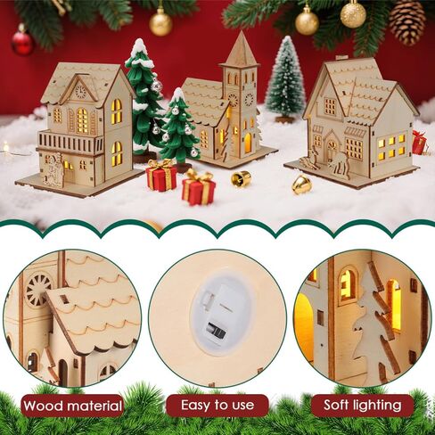 SHINEOFI 3pcs Wood Christmas Village, Glowing Christmas Wooden House for Crafts, Led Light Village Houses for Xmas Scene Decorations DIY Project in Kuwait