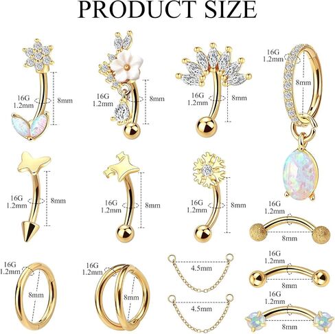 Xpircn 14 قطعة مجوهرات ثقب الحواجب Rook Daith 16 جرام من الفولاذ الجراحي المقاوم للصدأ حلقات الحاجب المنحنية عمودية Labret الشفاه ثقب المجوهرات أقراط Rook Daith للنساء والرجال in Kuwait