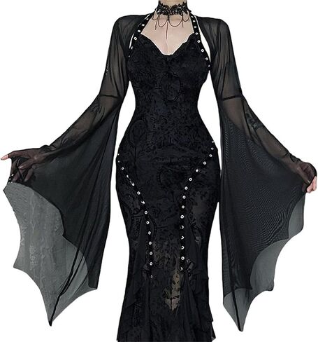 Women Rave Sheer Mesh Crop Shrug Top - Bat Bell Long Sleeve Gothic Vampire See Through Evening Dress Fall in Saudi Arabia
