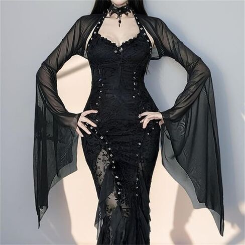 Women Rave Sheer Mesh Crop Shrug Top - Bat Bell Long Sleeve Gothic Vampire See Through Evening Dress Fall in Saudi Arabia