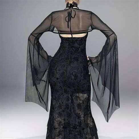 Women Rave Sheer Mesh Crop Shrug Top - Bat Bell Long Sleeve Gothic Vampire See Through Evening Dress Fall in Saudi Arabia