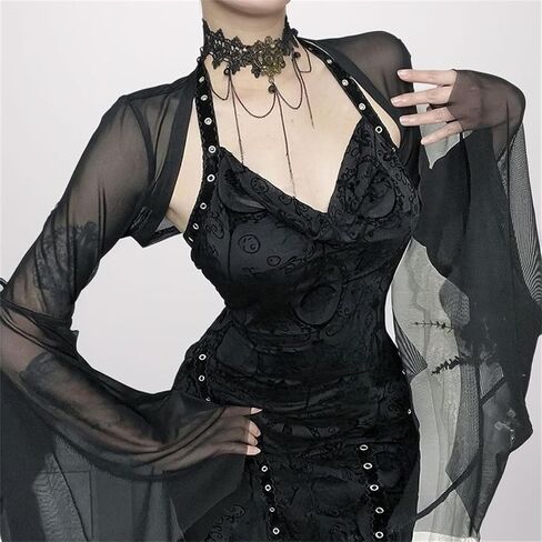 Women Rave Sheer Mesh Crop Shrug Top - Bat Bell Long Sleeve Gothic Vampire See Through Evening Dress Fall in Saudi Arabia