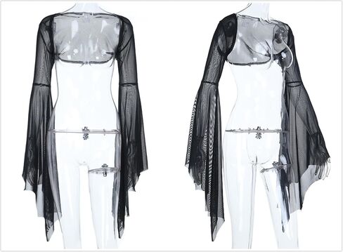 Women Rave Sheer Mesh Crop Shrug Top - Bat Bell Long Sleeve Gothic Vampire See Through Evening Dress Fall in Saudi Arabia