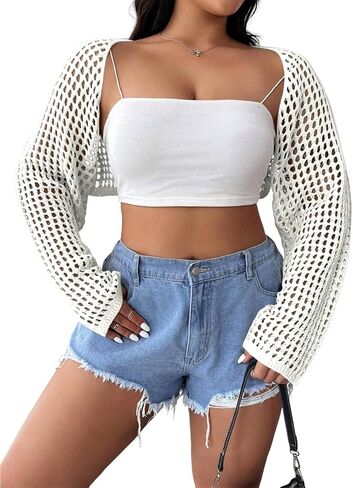 Women's Plus Size Shrug Cardigans Lightweight Crop Crochet Knit Long Sleeve Bolero Hollow Out Sweater in Saudi Arabia