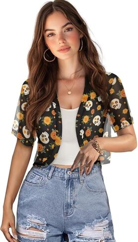 Short Sleeve Cardigans for Women Open Front Breathable Cool Skull Skeleton Rose Floral in Saudi Arabia