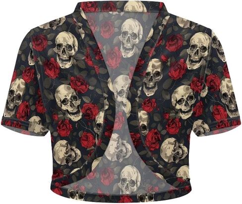 Short Sleeve Cardigans for Women Open Front Breathable Cool Skull Skeleton Rose Floral in Kuwait